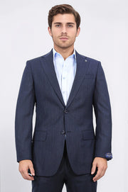 Slim fit mono yaka lacivert çizgili yünlü takım elbise